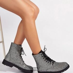 Bran New Without Tags, Silver Sequin Combat Boots